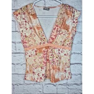 Vintage Rave Y2K Patchwork Floral Plunge Neck Top Pink Boho Whimsigoth Small
